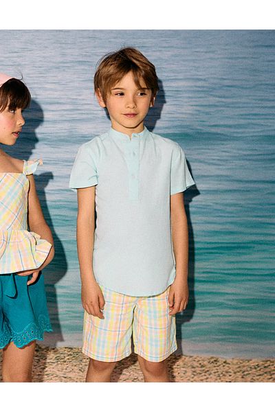 Ziddy Short-Sleeved Shirt with Mao Collar for Boys, Aqua Green