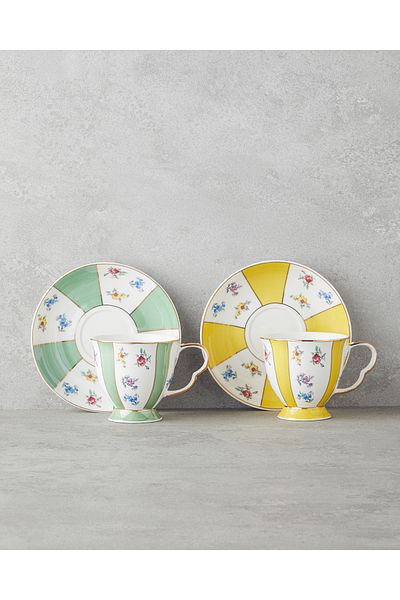 English Home Bealy Porcelain Σετ 4 Φλιτζάνια Τσαγιού για 2 Άτομα 220 ml Πράσινο-Κίτρινο