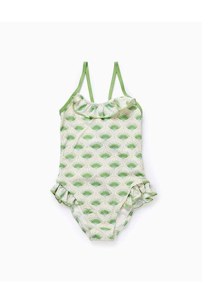 Ziddy Swimsuit with Motif and Ruffles for Girls, Beige/Green