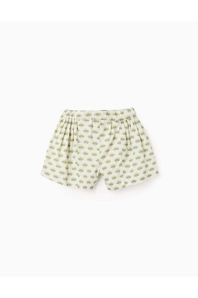 Ziddy Cotton Shorts with Floral Motif for Girls, Beige/Green