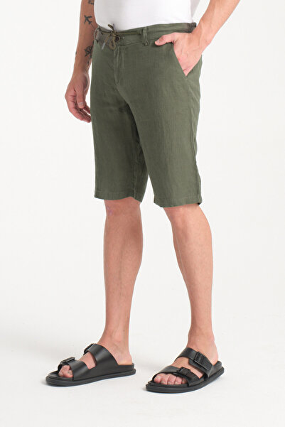 muzzo jeans Beli Lastikli Açık Yeşil %100 Keten Şort