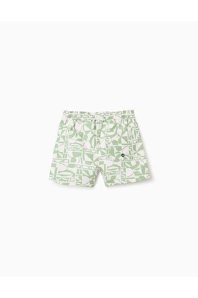 Ziddy Swim Shorts with Pattern for Boys, White/Green