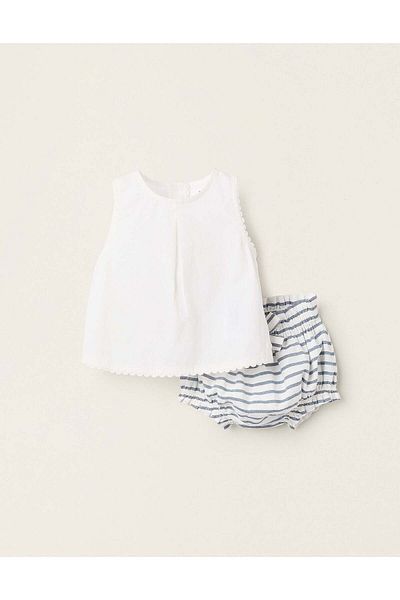 Ziddy Top + Striped Shorts for Newborn Girls, White/Blue