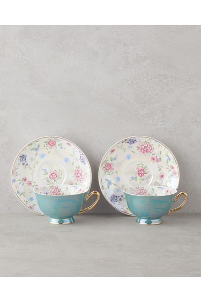 English Home Velvetine Porcelain Σετ 4 Φλυτζάνια Τσαγιού για 2 Άτομα 220 ml Μπλε