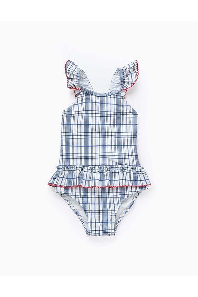 Ziddy Swimsuit with Check for Baby Girls 'You&Me', White/Blue