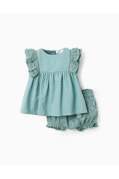 Ziddy Top + Shorts with Ruffles and Broderie Anglaise for Baby Girls, Aqua Green