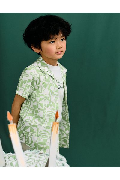 Ziddy Short Sleeve Shirt with Pattern for Boys, Green/White