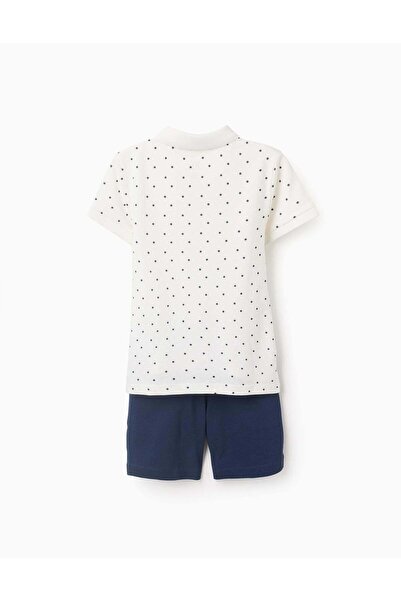 Ziddy Polka Dot Polo Shirt + Shorts for Boys, White/Navy Blue
