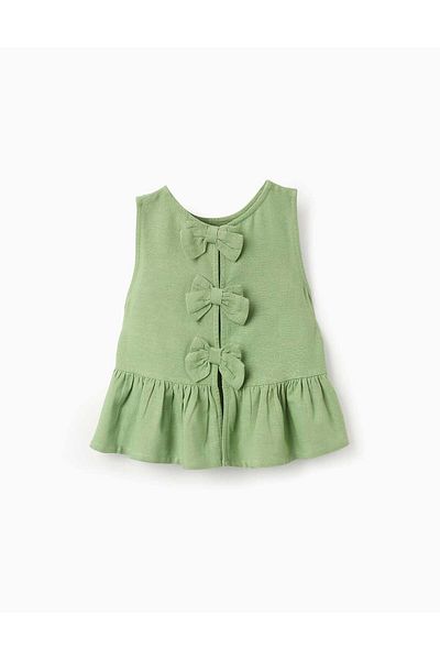 Ziddy Cotton and Linen Top with Ruffles and Bows for Girls, Green