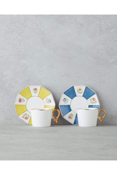English Home Nostalgia Porcelain 4 Piece Coffee Cup Set for 2 Persons 90 ml Blue-Yellow