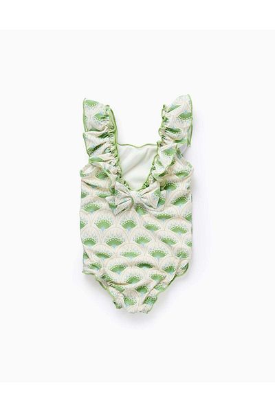Ziddy Swimsuit with Motif and Ruffles for Baby Girls, Beige/Green
