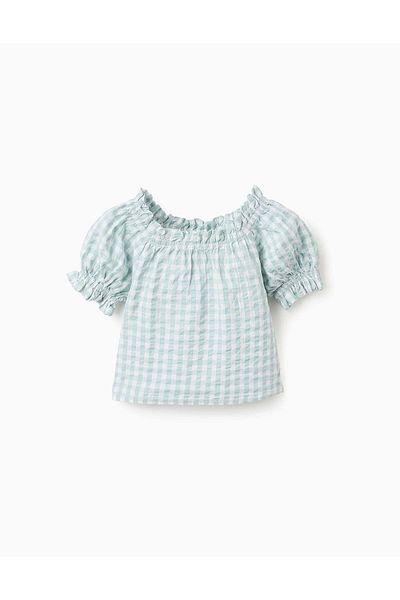 Ziddy Top in Vichy with Texture for Girls 'B&S', Aqua Green/White