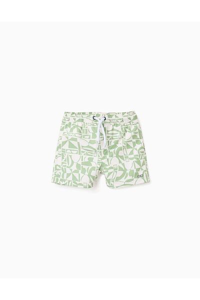 Ziddy Swim Shorts with Pattern for Boys, White/Green