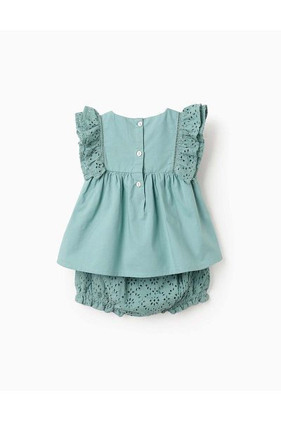 Ziddy Top + Shorts with Ruffles and Broderie Anglaise for Baby Girls, Aqua Green