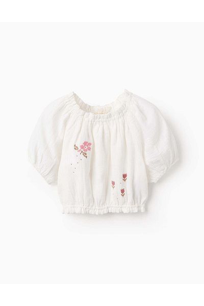 Ziddy Blouse in Gauze with Cross-Stitch for Girls, White