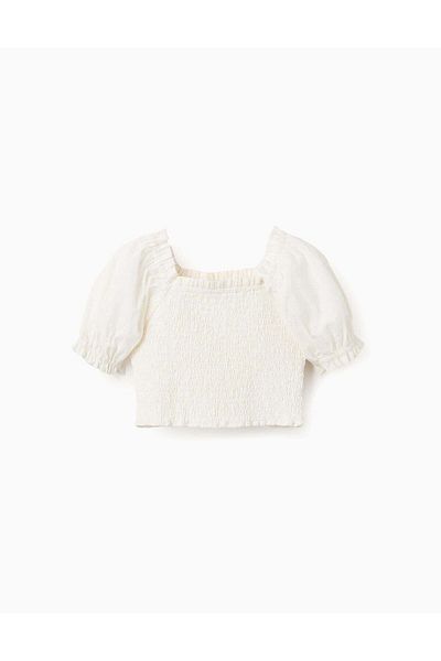 Ziddy Top with Broderie Anglaise and Puff Sleeves for Girls, White