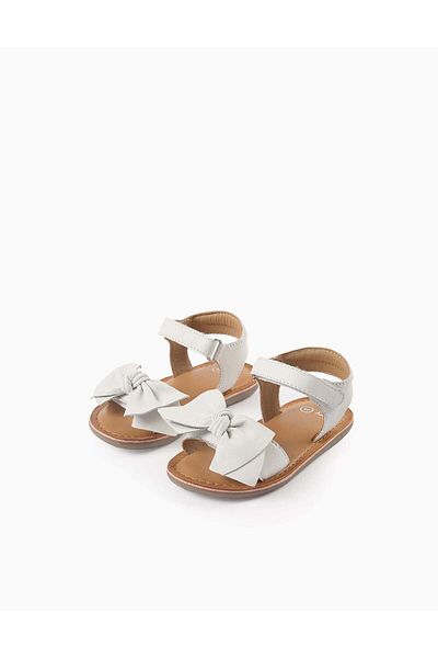 Ziddy Leather Sandals with Bow for Baby Girls, White