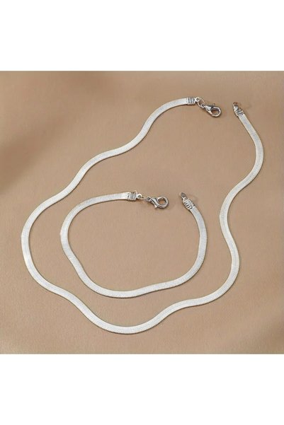 Satürn Silver Kuyumculuk Steel Flat Chain Italian Steel Necklace and Bracelet Set 316L Tarnish Free Steel Unisex
