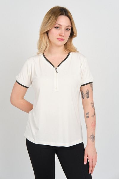 Sistas Women's Collar and Sleeves Glittery Zipper Closure Short Sleeve Blouse 24239 Ecru