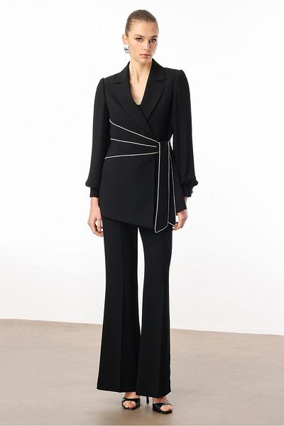 Moda İlgi Modailgi Sleeves Pleated Stripe Accessory Jacket Black