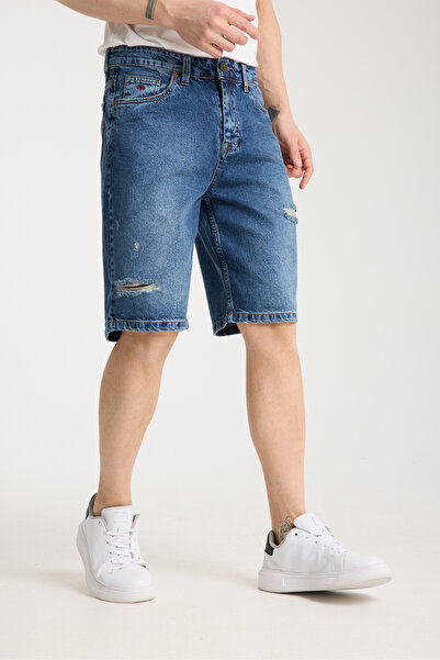 muzzo jeans Ψηλόμεσο 100% βαμβακερό σκισμένο λεπτομερές σκούρο μπλε τζιν σορτς