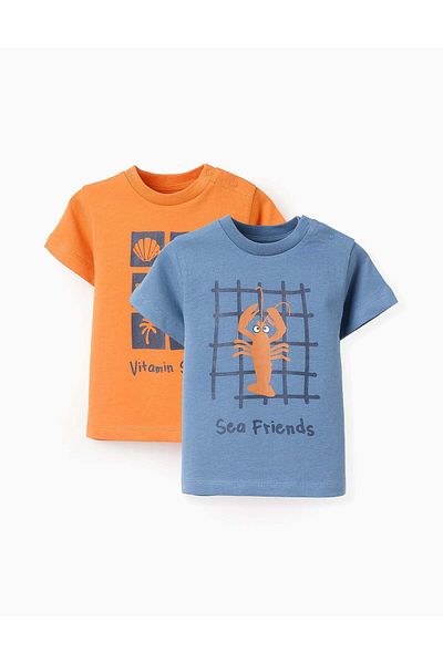Ziddy Pack of 2 Cotton T-shirts for Baby Boys 'Sea Friends', Blue/Orange