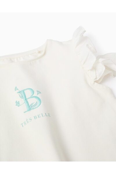 Ziddy T-shirt with Embroidery and Ruffles on the Shoulders for Girls, White