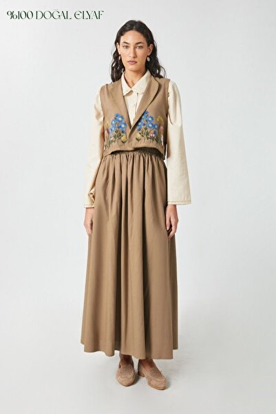 ZÜLAYS Nakışlı Yelek Etek Takım Camel