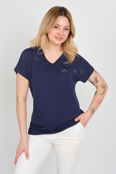 ELLA CAMELIA Women's Low Sleeve Stone Decorated V-Neck Blouse 24E105 Navy Blue