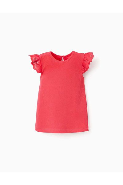 Ziddy Ribbed Top with Broderie Anglaise Ruffle for Baby Girls, Red
