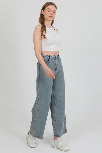 happinice Women's Blue Midi Length Wide Leg Jeans