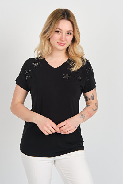 ELLA CAMELIA Kadın Düşük Kol Taş Süslemeli V Yaka Bluz 24E105 Siyah