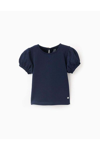 Ziddy T-shirt with Broderie Anglaise Sleeves for Baby Girls, Dark Blue