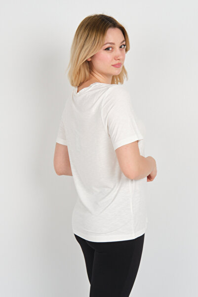 ELLA CAMELIA Women Butterfly Shaped Stone Decorated V Neck Short Sleeve Blouse 24E047 Ecru