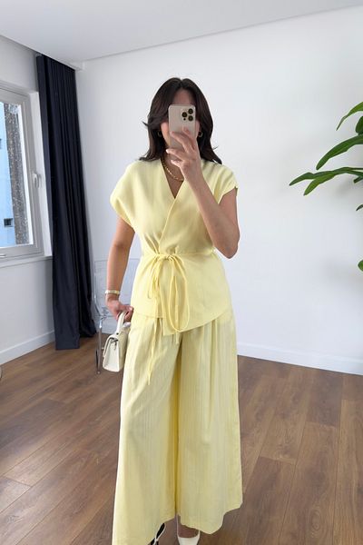 BİRCANÇİL Lidya Yellow Hidden Buttoned Drawstring Linen Vest Set
