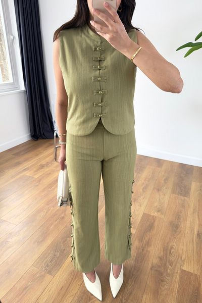 BİRCANÇİL Lisa Olive Button Detailed Vest Pants Set
