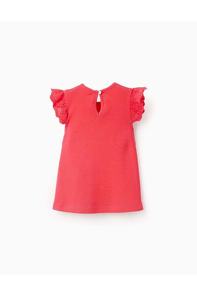 Ziddy Ribbed Top with Broderie Anglaise Ruffle for Baby Girls, Red