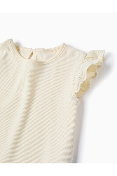 Ziddy Ribbed Top with Broderie Anglaise Ruffle for Baby Girls, White