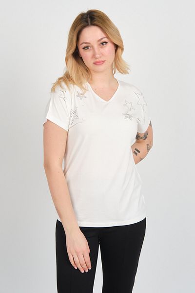 ELLA CAMELIA Women's Low Sleeve Stone Decorated V-Neck Blouse 24E105 Ecru