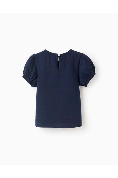 Ziddy T-shirt with Broderie Anglaise Sleeves for Baby Girls, Dark Blue