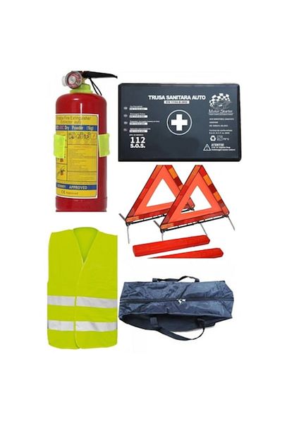 motor starter Kit Siguranta Rutiera Auto 1 Trusa Sanitara Omologata, 1 Stingator Cu Manometru 1kg, 2 Triunghiuri R
