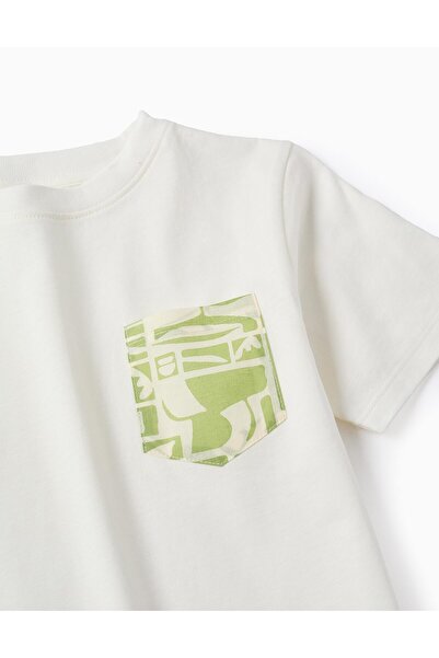 Ziddy Cotton T-shirt with Contrast Pocket for Boys, White