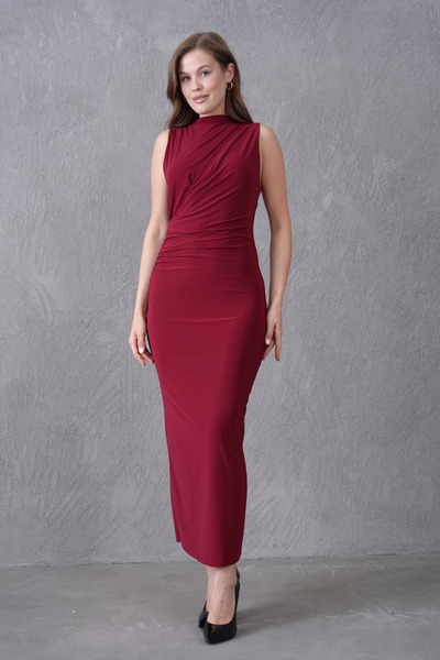 bayansepeti Бордовий підкладковий пісочний тканинний сукня з прямим коміром і...