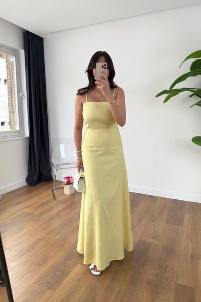 BİRCANÇİL Medusa Yellow Lined Belted Midi Dress