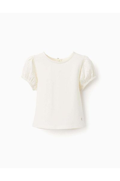 Ziddy T-shirt with Broderie Anglaise Sleeves for Baby Girls, White