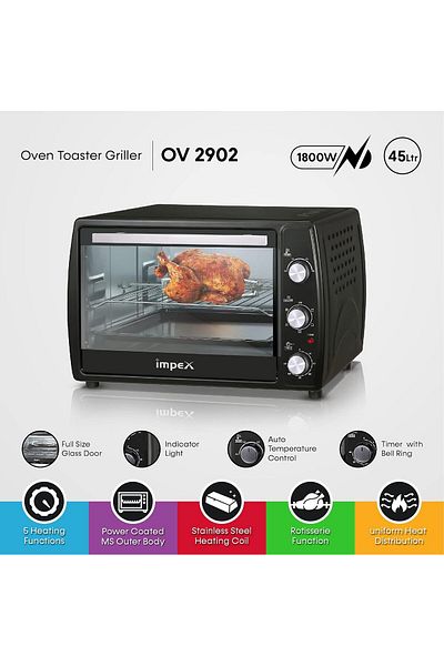 İMPEX فرن إمبكس 45 لترًا - OV 2902، كهربائي، درجة حرارة قابلة للتعديل (100-250 درجة مئوية)، 6 مراحل تسخين