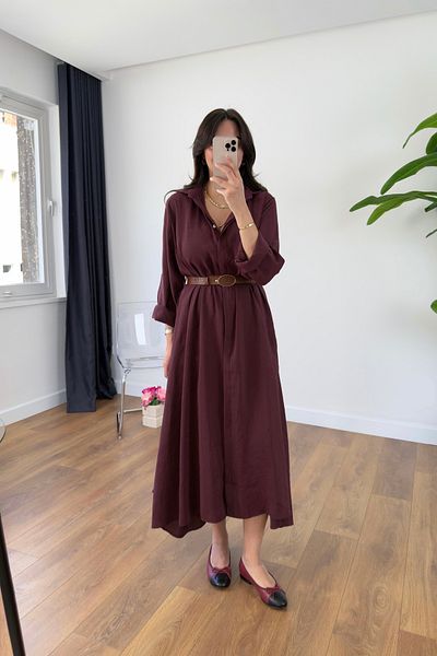 BİRCANÇİL Benis Burgundy Premium Belted Dress