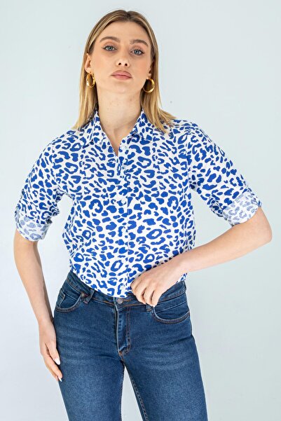 Nuevo Kadın Kol Katlamalı Leopar Desen Mavi Keten Gömlek