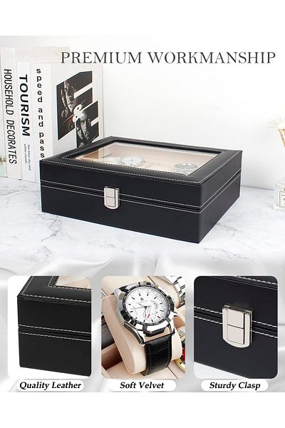 Lumely 10 Grids Watch Storage Box,PU Leather,transparent Window,Perfect Gift for Family,25x20x8cm