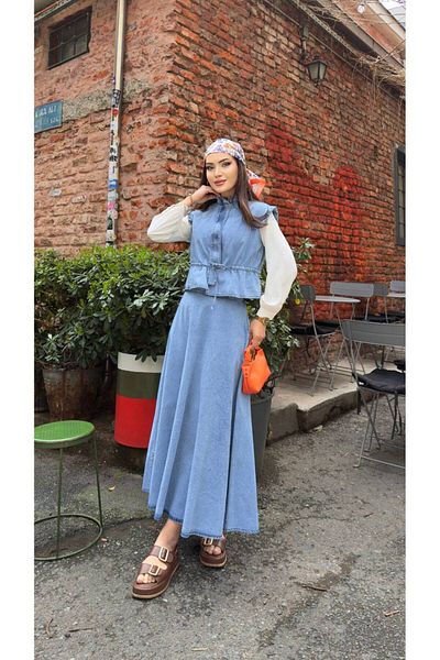 MissPul Denim Belt Detailed Vest Dress Suit Light Blue